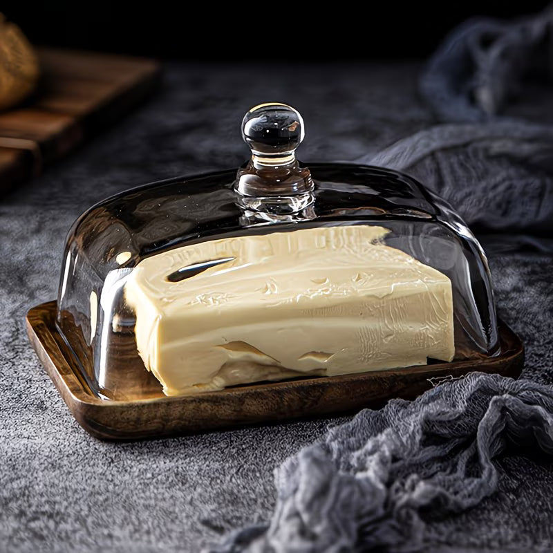 Teak Wood Butter Dish with Glass Lid