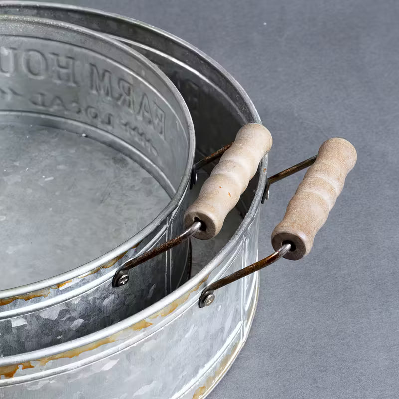 Galvanized Round Tray Set of 2 With Wooden Handles