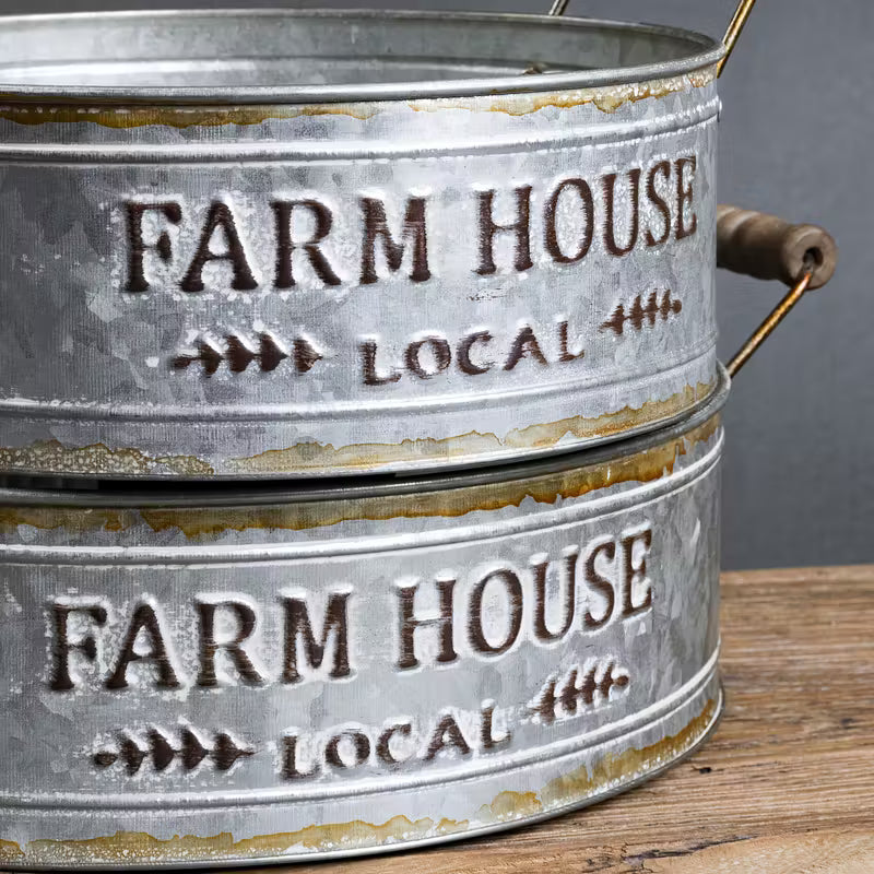 Galvanized Round Tray Set of 2 With Wooden Handles