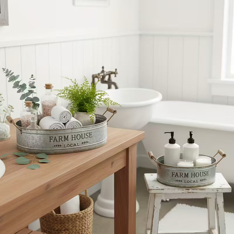 Galvanized Round Tray Set of 2 With Wooden Handles