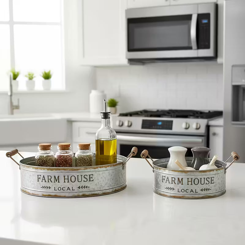 Galvanized Round Tray Set of 2 With Wooden Handles